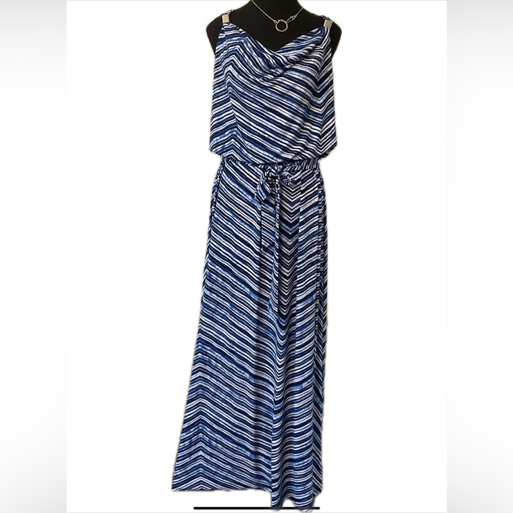 Calvin Klein Belted Blue & White Maxi Dress with draped Neckline.